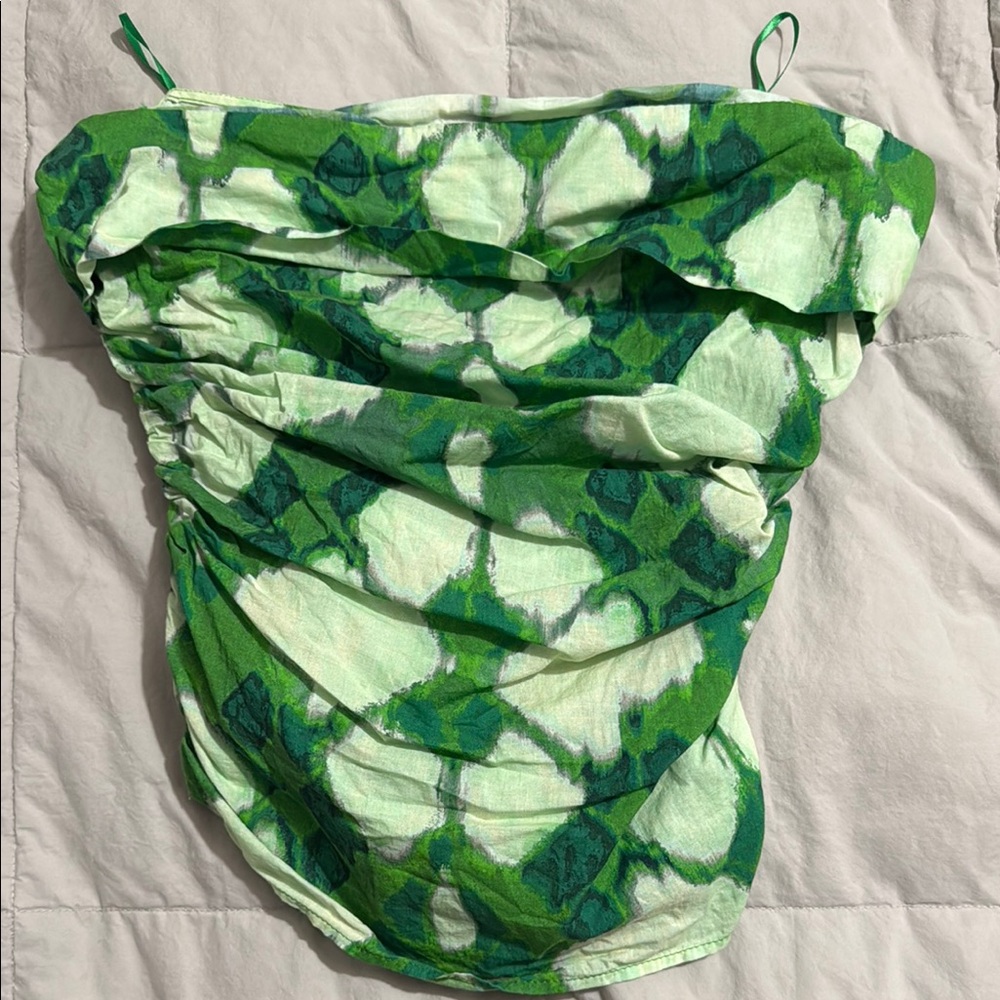 Zara Green and White Ruched Strapless Tank Top
